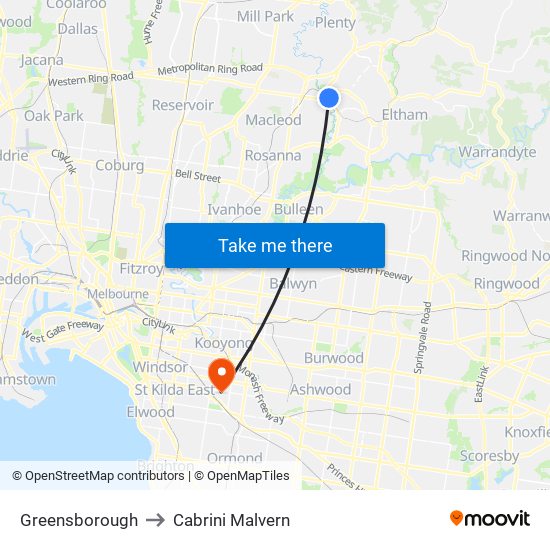 Greensborough to Cabrini Malvern map