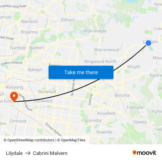 Lilydale to Cabrini Malvern map