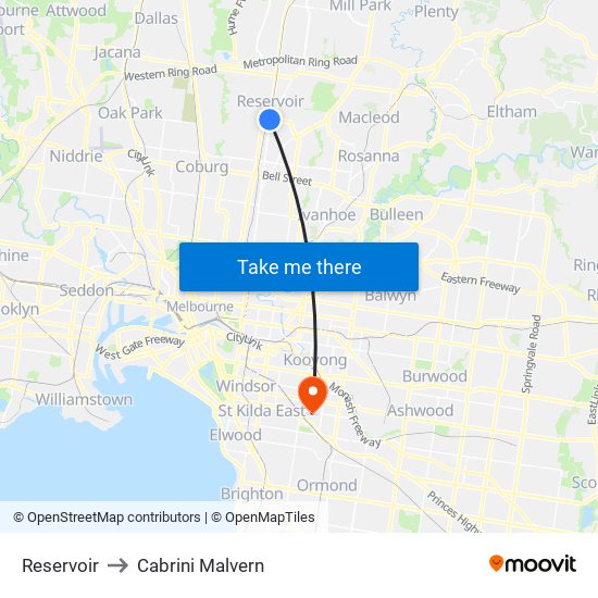 Reservoir to Cabrini Malvern map