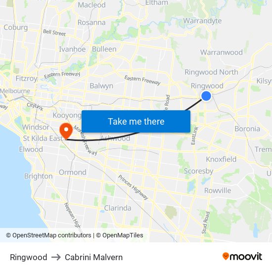 Ringwood to Cabrini Malvern map
