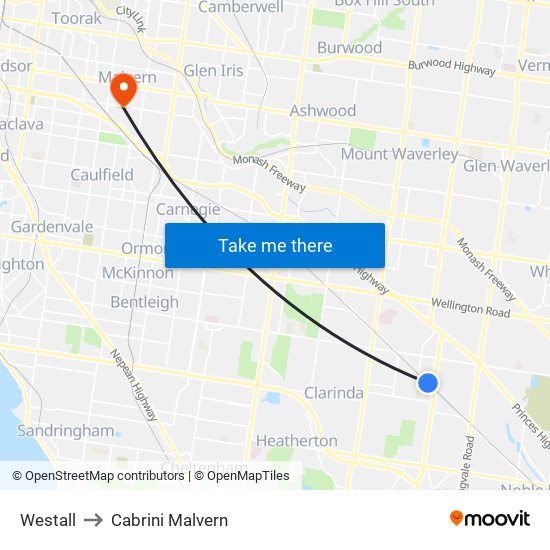 Westall to Cabrini Malvern map