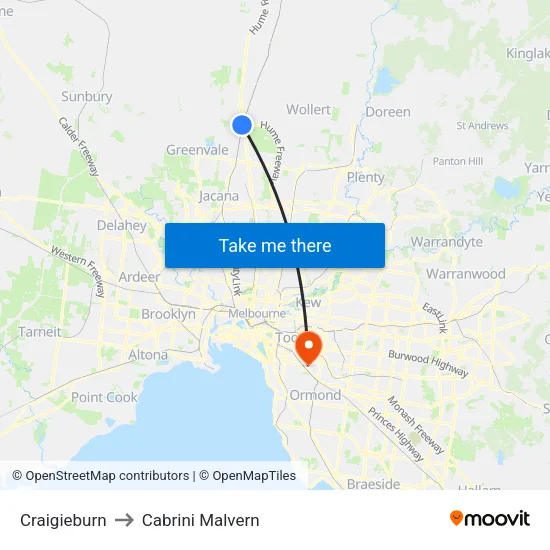 Craigieburn to Cabrini Malvern map