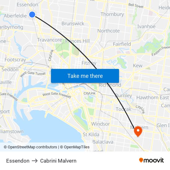 Essendon to Cabrini Malvern map