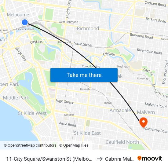 11-City Square/Swanston St (Melbourne City) to Cabrini Malvern map