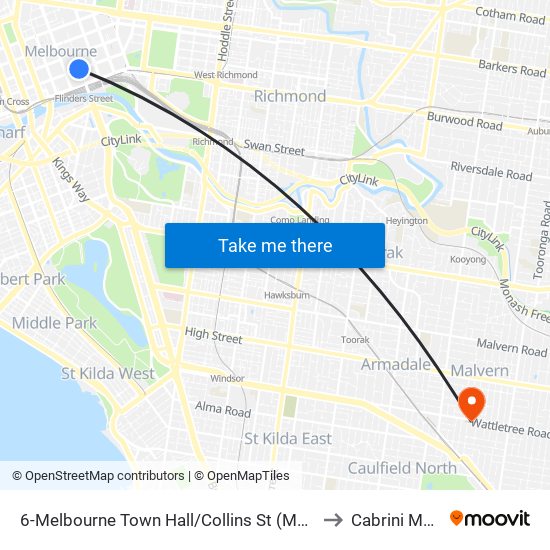 6-Melbourne Town Hall/Collins St (Melbourne City) to Cabrini Malvern map