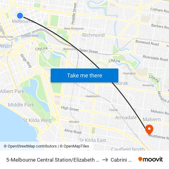 5-Melbourne Central Station/Elizabeth St (Melbourne City) to Cabrini Malvern map