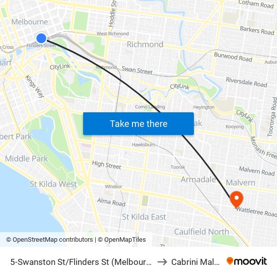 5-Swanston St/Flinders St (Melbourne City) to Cabrini Malvern map