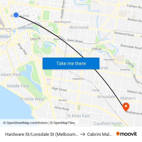 Hardware St/Lonsdale St (Melbourne City) to Cabrini Malvern map