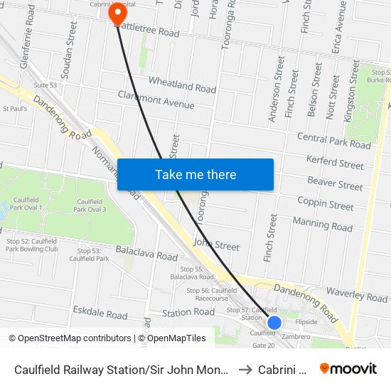 Caulfield Railway Station/Sir John Monash Dr (Caulfield East) to Cabrini Malvern map