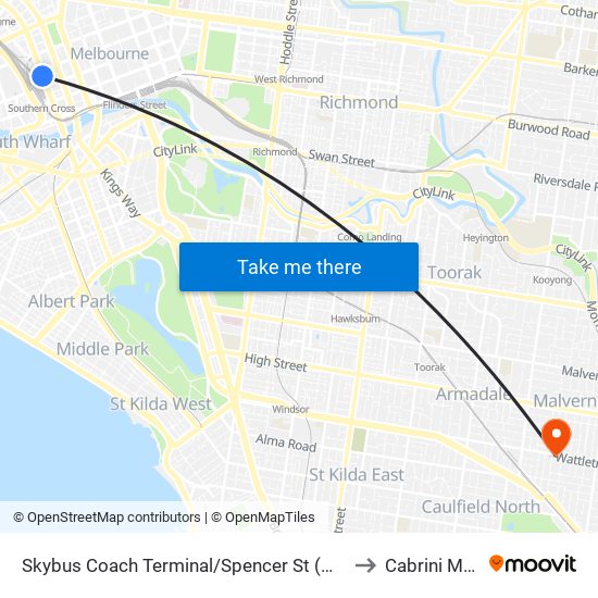 Skybus Coach Terminal/Spencer St (Melbourne City) to Cabrini Malvern map