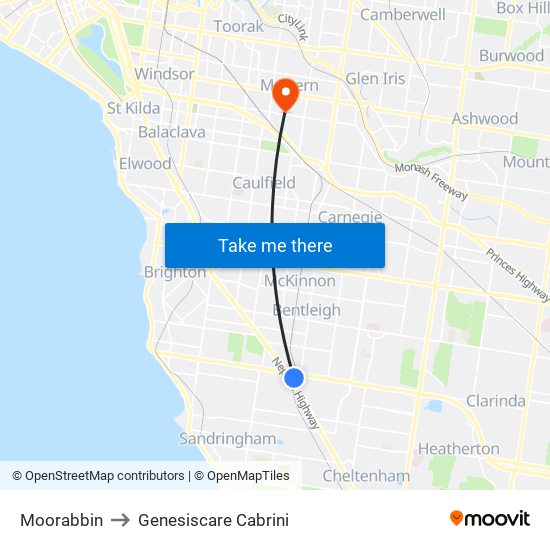 Moorabbin to Genesiscare Cabrini map