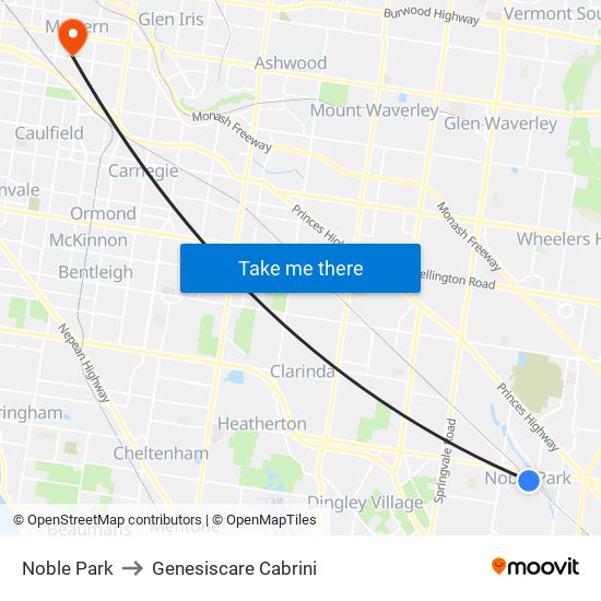 Noble Park to Genesiscare Cabrini map