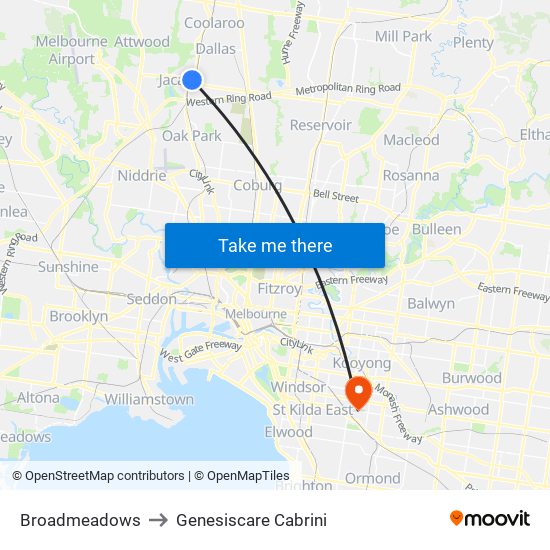 Broadmeadows to Genesiscare Cabrini map