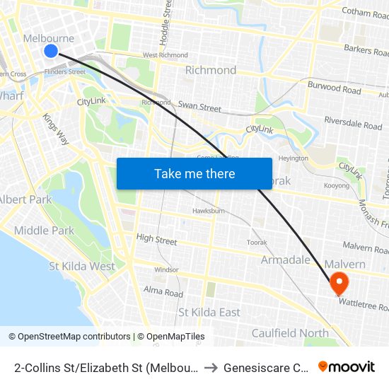 2-Collins St/Elizabeth St (Melbourne City) to Genesiscare Cabrini map