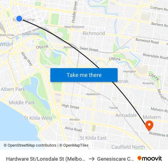 Hardware St/Lonsdale St (Melbourne City) to Genesiscare Cabrini map