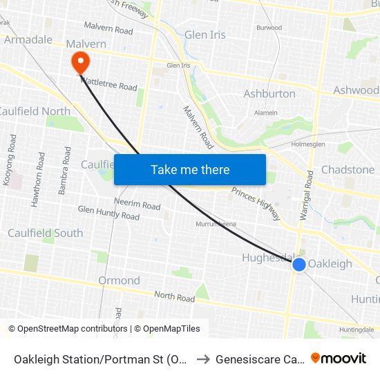 Oakleigh Station/Portman St (Oakleigh) to Genesiscare Cabrini map