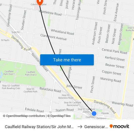 Caulfield Railway Station/Sir John Monash Dr (Caulfield East) to Genesiscare Cabrini map