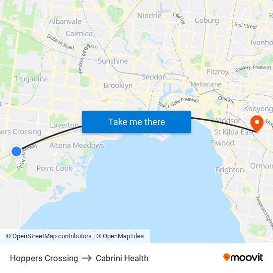 Hoppers Crossing to Cabrini Health map