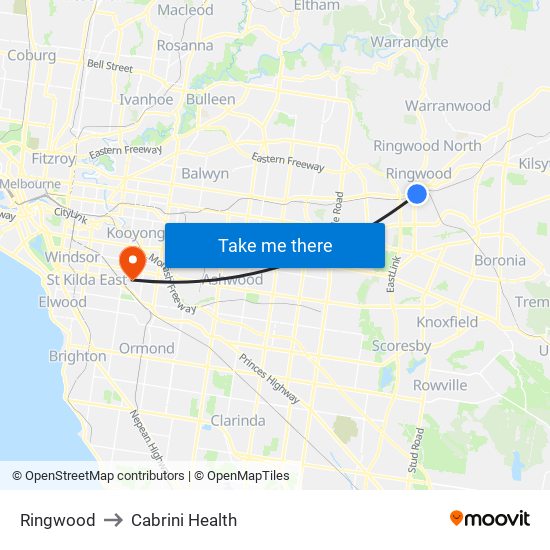 Ringwood to Cabrini Health map