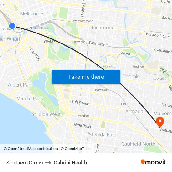 Southern Cross to Cabrini Health map