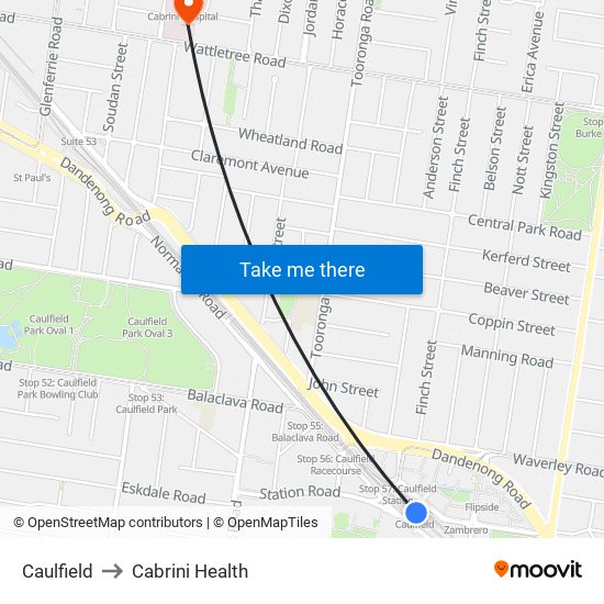 Caulfield to Cabrini Health map