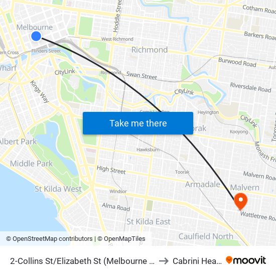 2-Collins St/Elizabeth St (Melbourne City) to Cabrini Health map