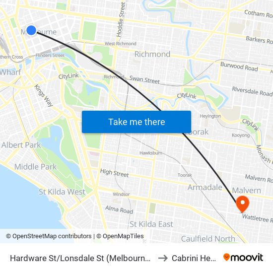 Hardware St/Lonsdale St (Melbourne City) to Cabrini Health map