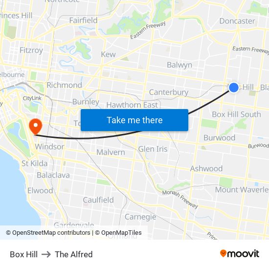 Box Hill to The Alfred map