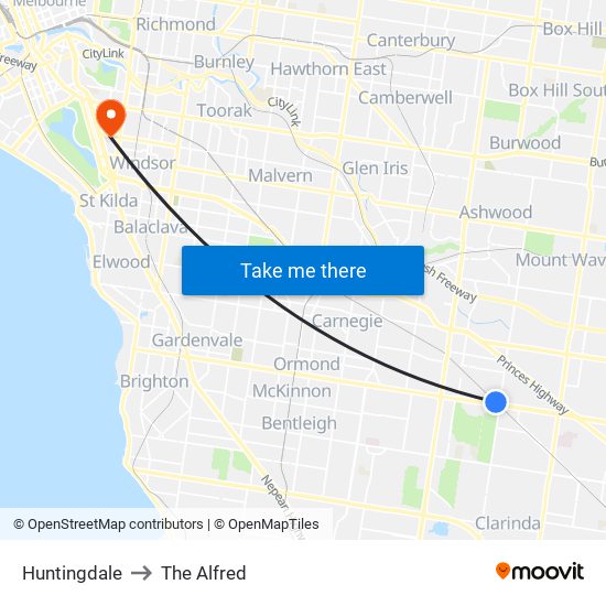Huntingdale to The Alfred map