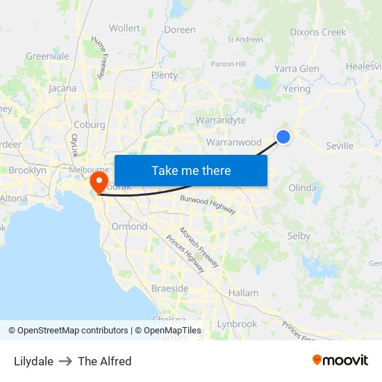 Lilydale to The Alfred map