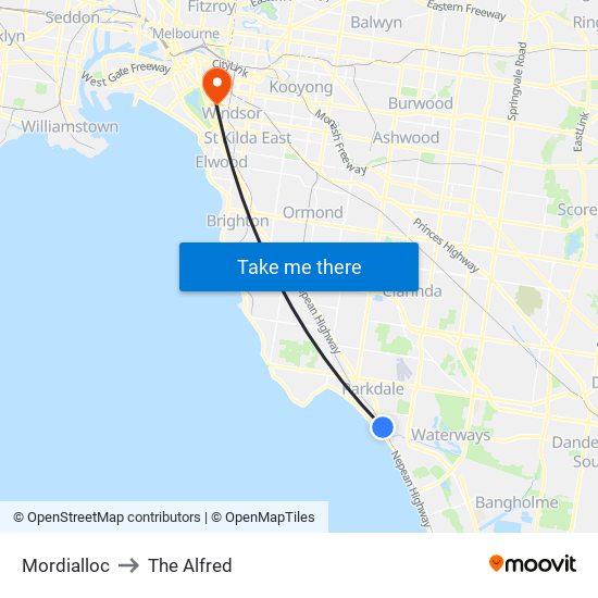 Mordialloc to The Alfred map