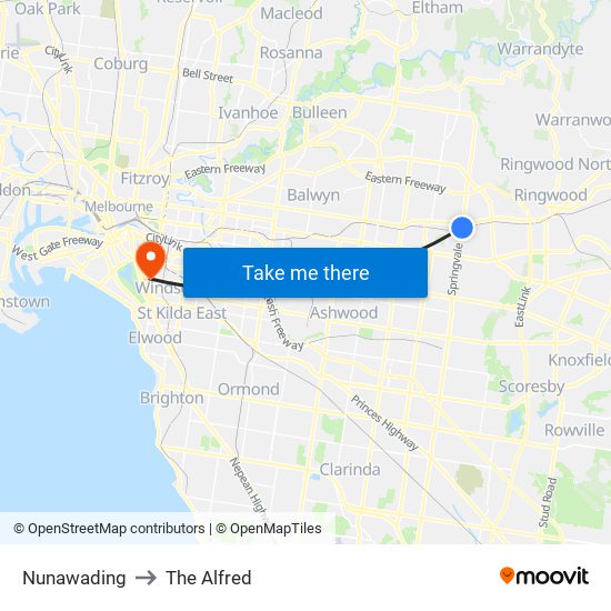 Nunawading to The Alfred map