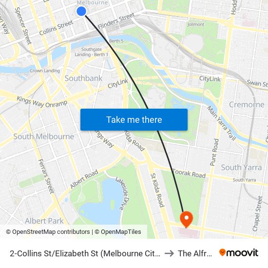 2-Collins St/Elizabeth St (Melbourne City) to The Alfred map