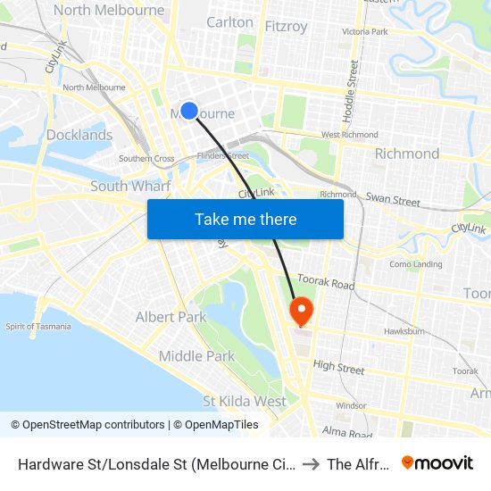 Hardware St/Lonsdale St (Melbourne City) to The Alfred map