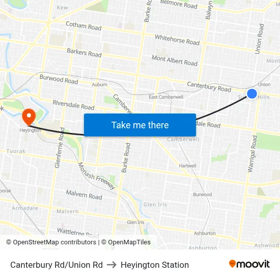 Canterbury Rd/Union Rd to Heyington Station map