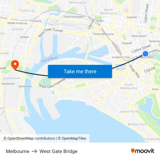 Melbourne to West Gate Bridge map