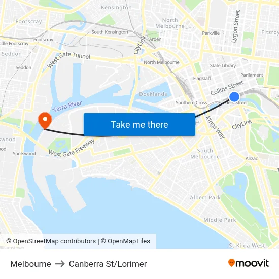 Melbourne to Canberra St/Lorimer map