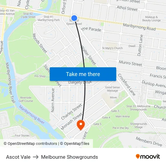 Ascot Vale to Melbourne Showgrounds map