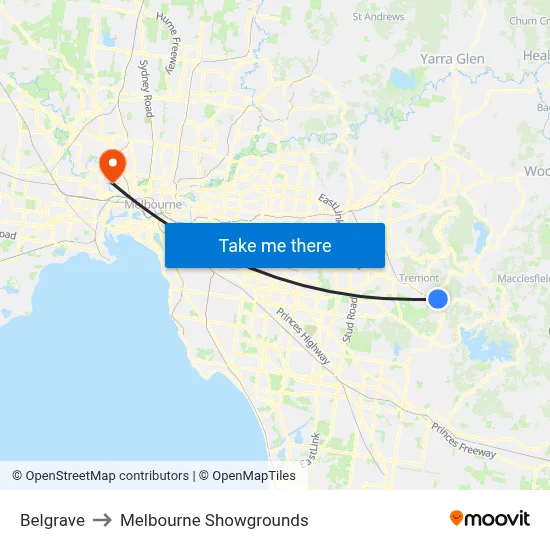 Belgrave to Melbourne Showgrounds map