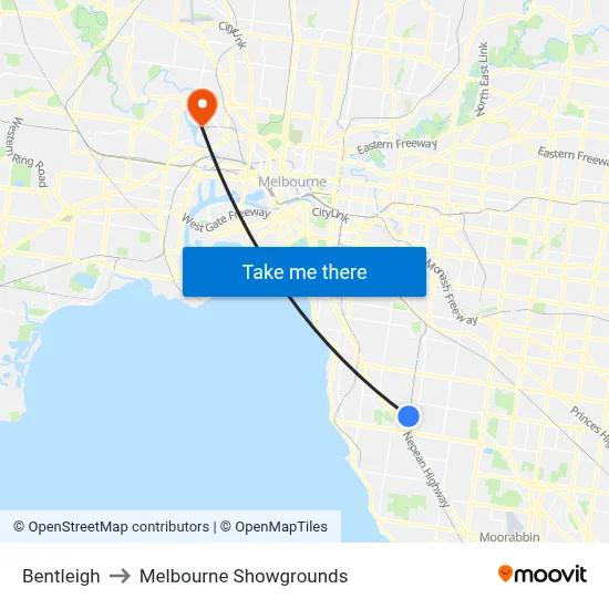 Bentleigh to Melbourne Showgrounds map