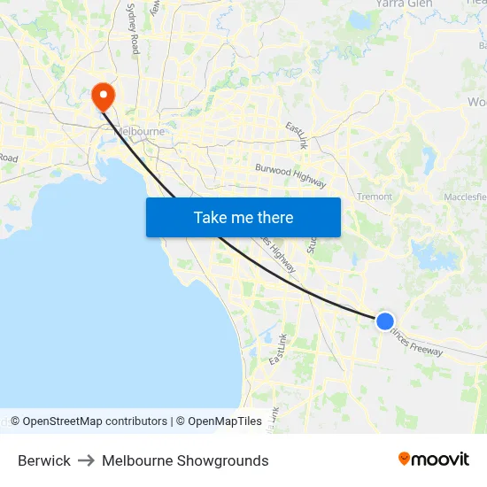 Berwick to Melbourne Showgrounds map
