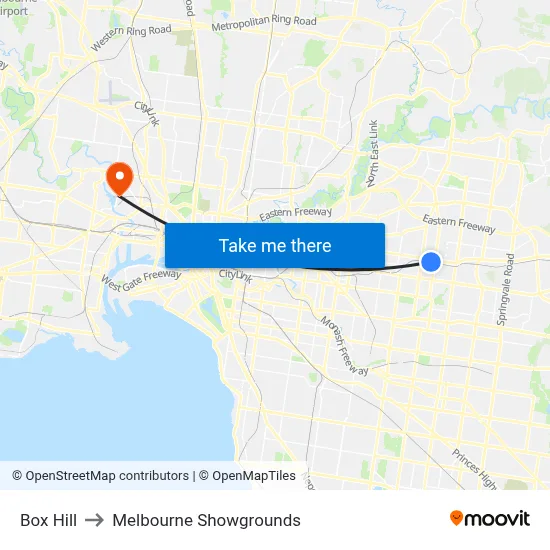 Box Hill to Melbourne Showgrounds map