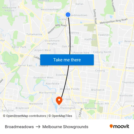 Broadmeadows to Melbourne Showgrounds map