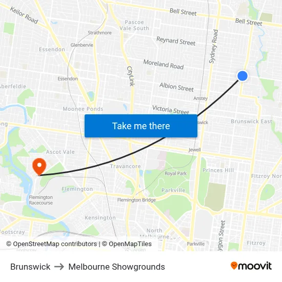 Brunswick to Melbourne Showgrounds map