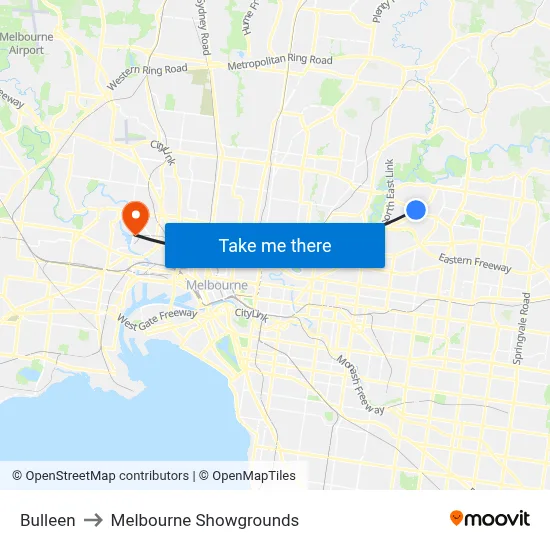 Bulleen to Melbourne Showgrounds map