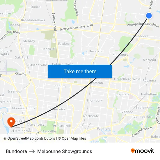 Bundoora to Melbourne Showgrounds map