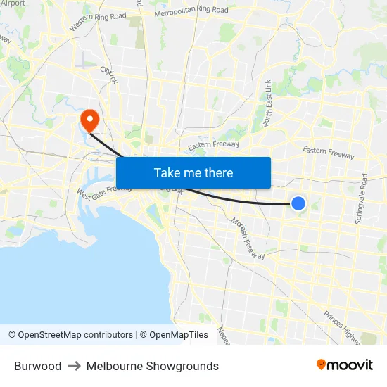 Burwood to Melbourne Showgrounds map