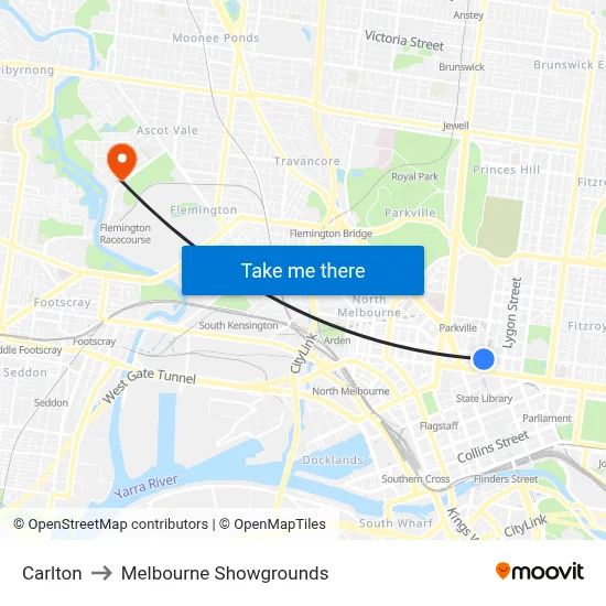 Carlton to Melbourne Showgrounds map