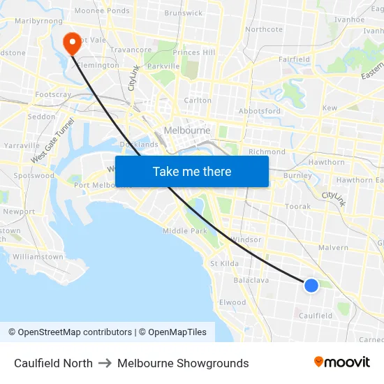 Caulfield North to Melbourne Showgrounds map