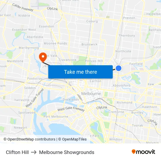 Clifton Hill to Melbourne Showgrounds map